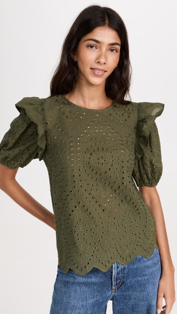 

Топ English Factory Ruffle Sleeve Eyelet, оливковый