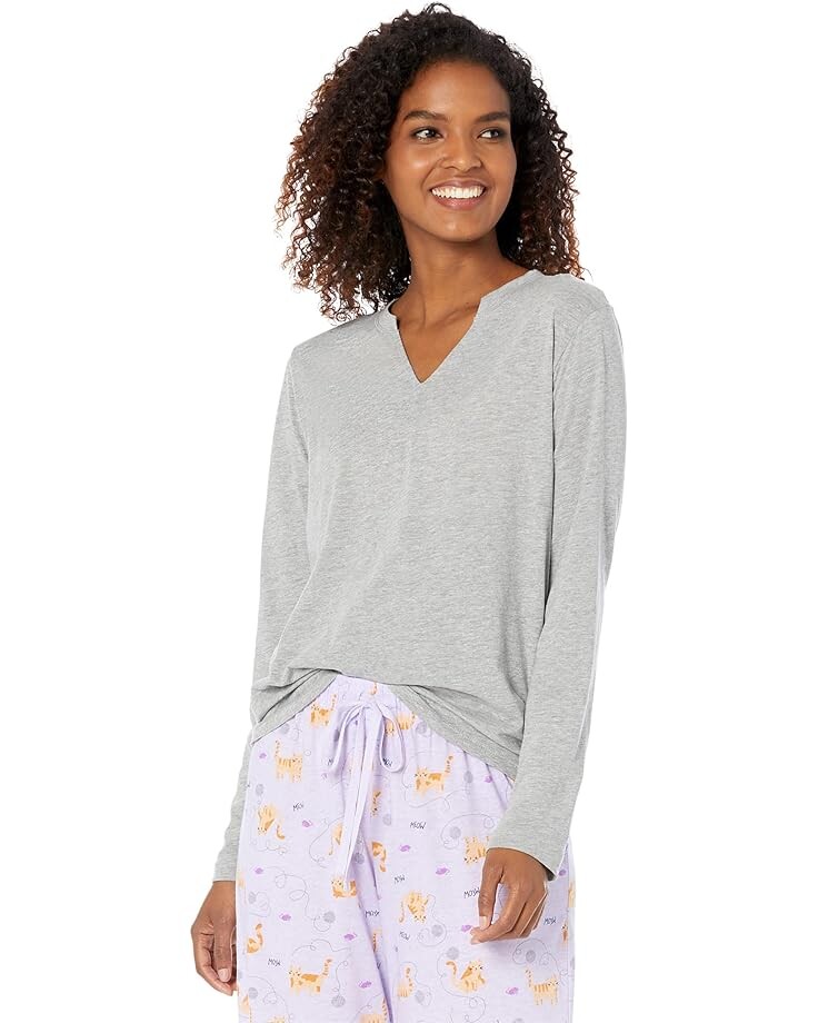 

Пижамный комплект Karen Neuburger Long Sleeve Split-Neck Tee PJ Set, цвет Grey/Kitty