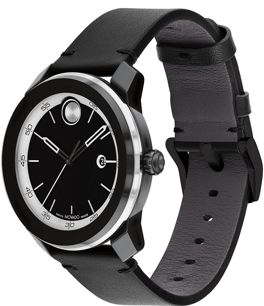 

Мужские кварцевые аналоговые часы Movado Bold TR90 с черным кожаным ремешком и серебряными деталями, черный