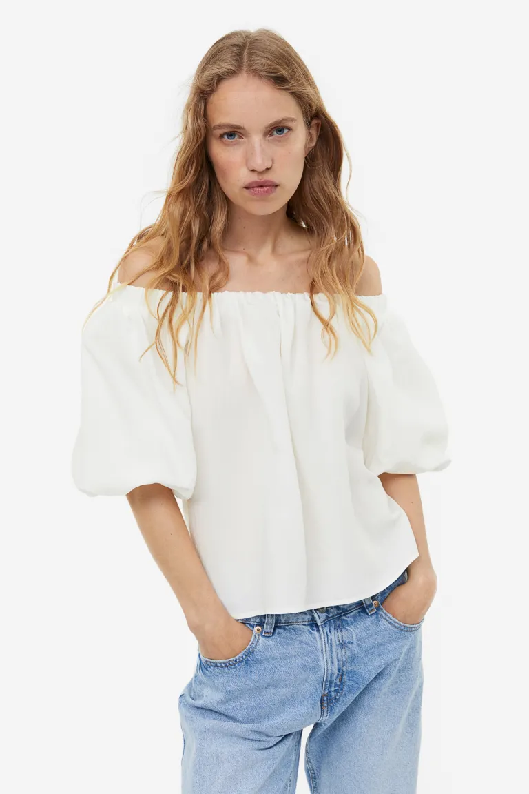 Блуза с пышными рукавами и открытыми плечами H&M, белый