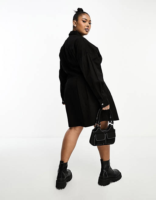 

Черное платье-рубашка мини с присборенной талией из твила ASOS DESIGN Curve
