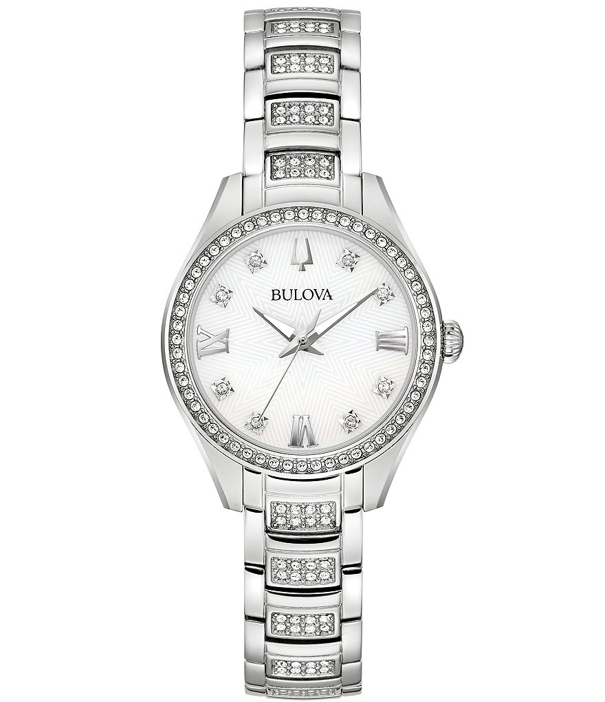 цена Bulova Crystal Collection Женские кварцевые аналоговые часы-браслет, серебро