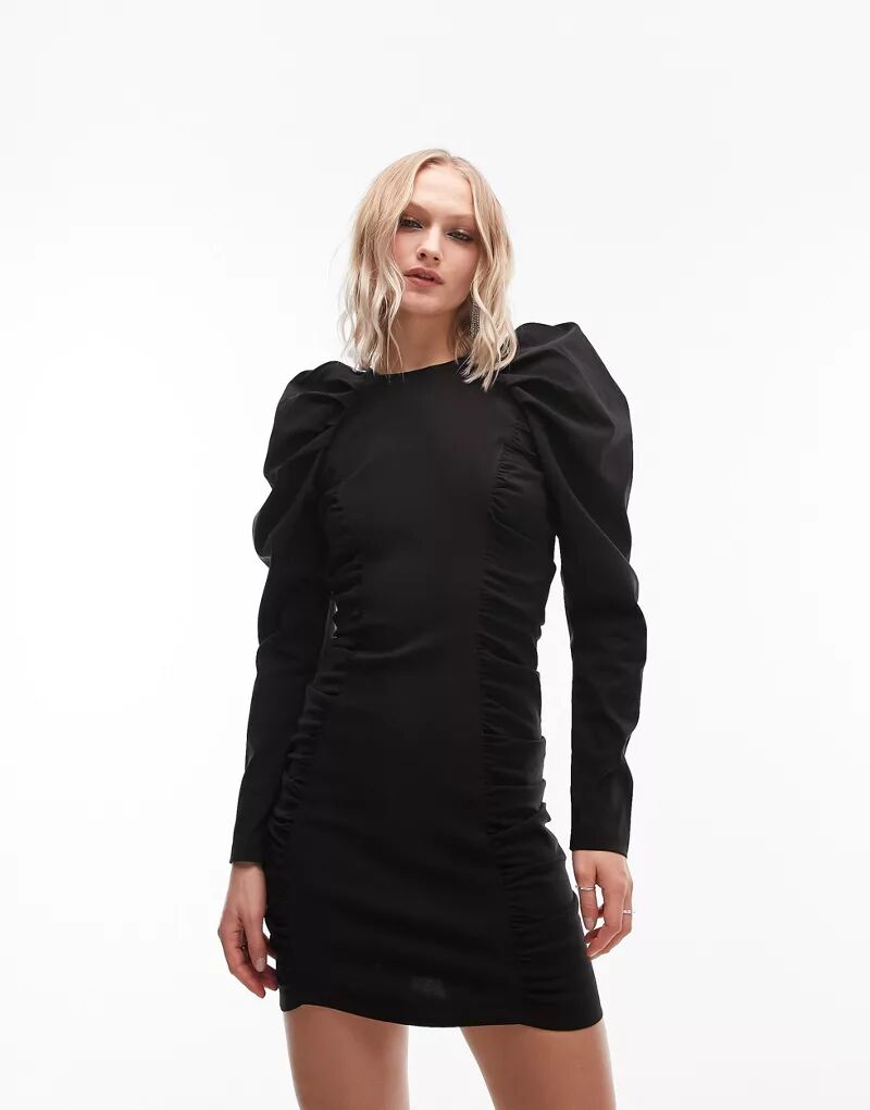Черное платье мини с пышными рукавами Topshop цена и фото