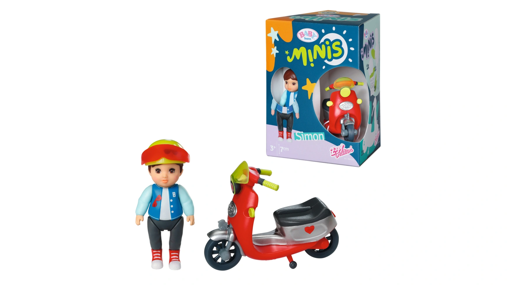 Baby Born Minis Playset Scooter, кукла Саймон высотой 7 см с самокатом и шлемом, 906118, Zapf Creation саймон гарфилд пурпурный