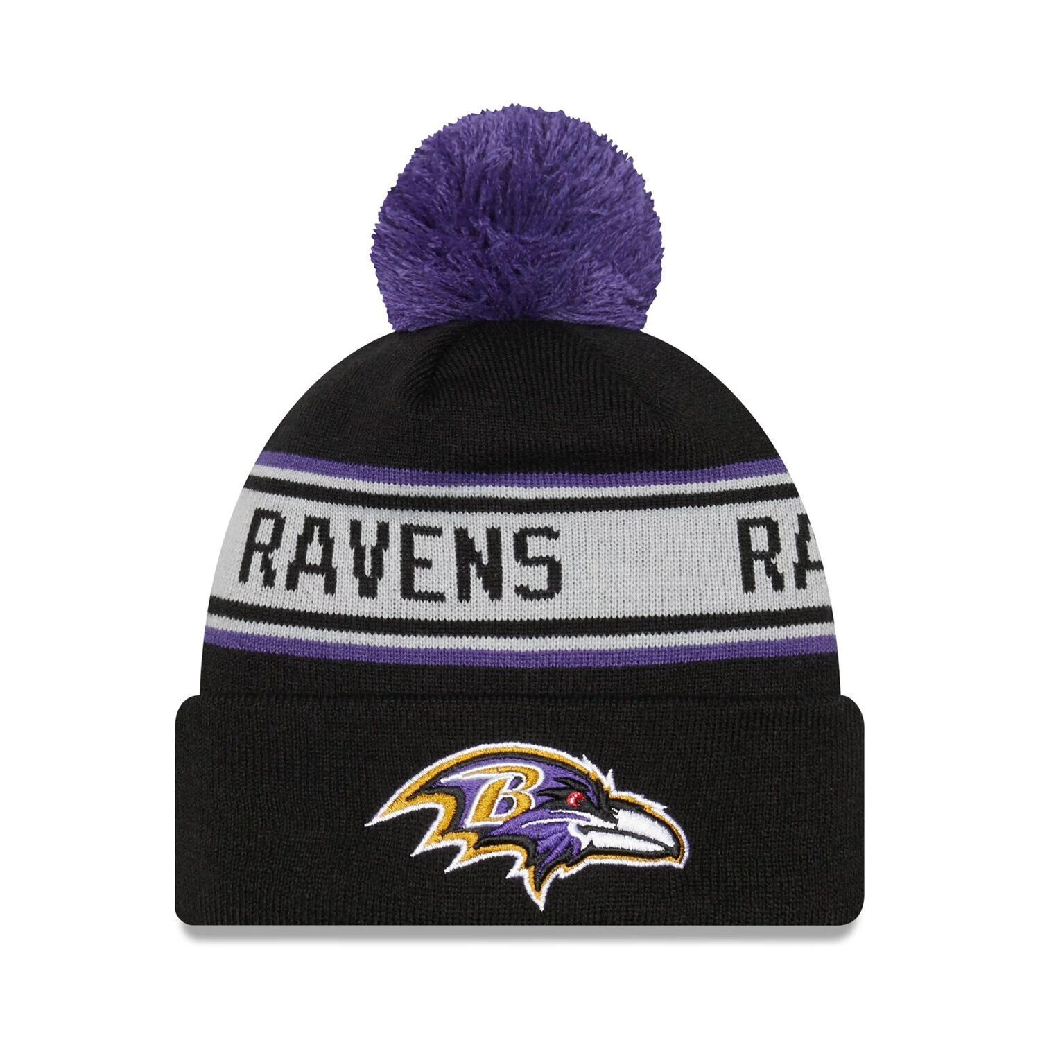 

Мужская черная вязаная шапка New Era Baltimore Ravens с манжетами и помпоном