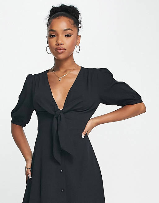 

Черное платье миди с завязкой спереди на пуговицах ASOS DESIGN