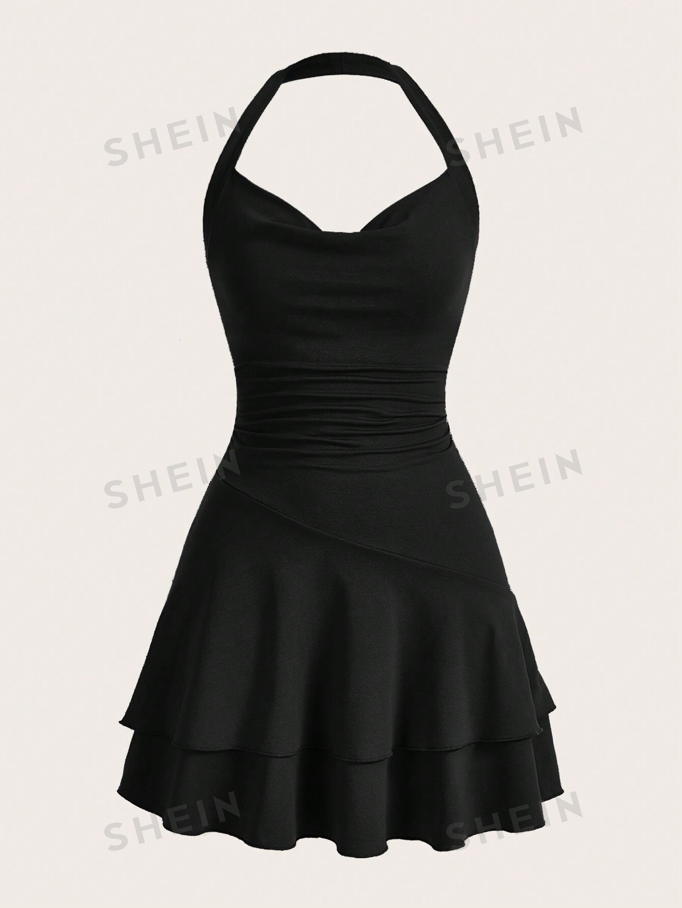 цена SHEIN MOD однотонное женское платье с бретелькой на шее и многослойным подолом, черный