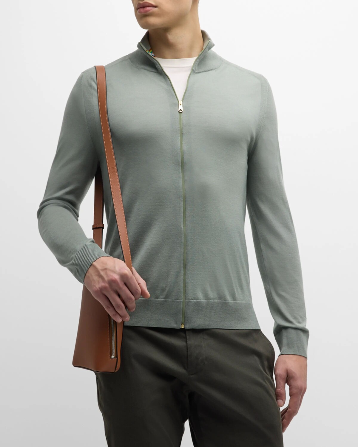 

Мужской свитер с молнией во всю длину из шерсти мериноса Paul Smith, цвет Olive