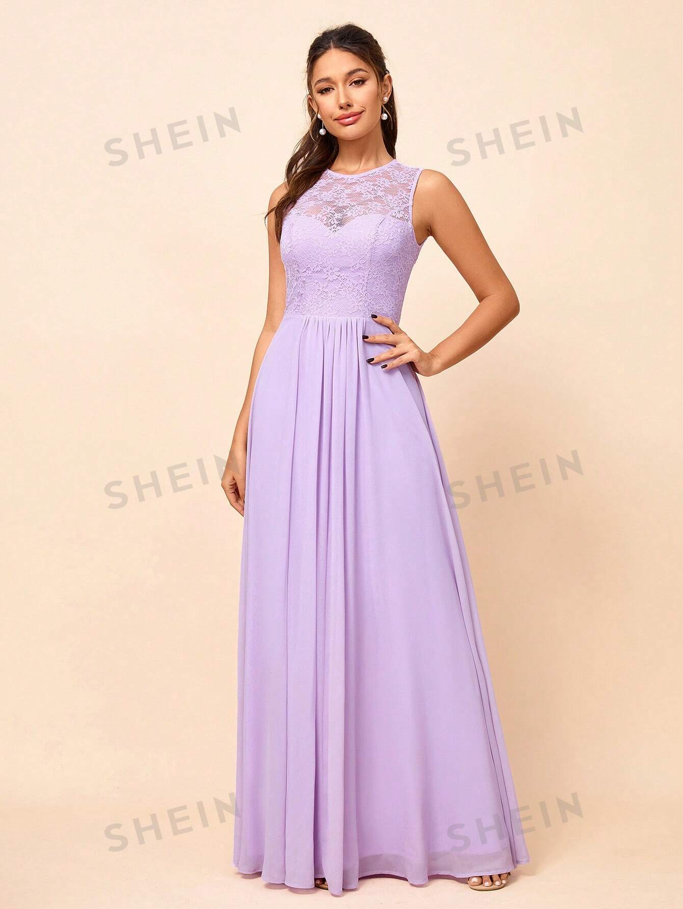цена SHEIN Belle Женское кружевное платье макси без рукавов с круглым вырезом (для взрослых), фиолетовый