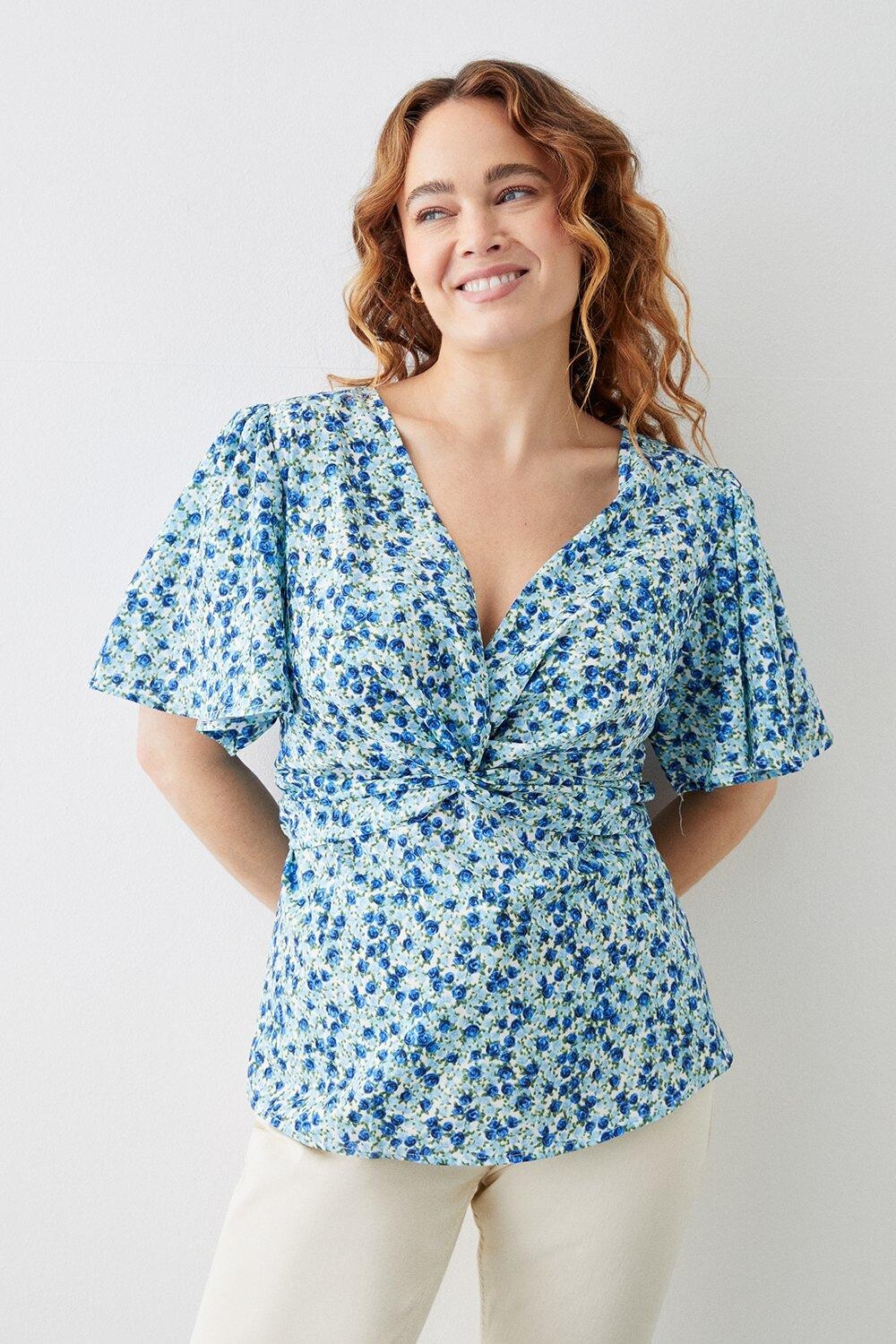 

Синяя блузка с закрученной передней частью и розой Curve Dorothy Perkins, синий
