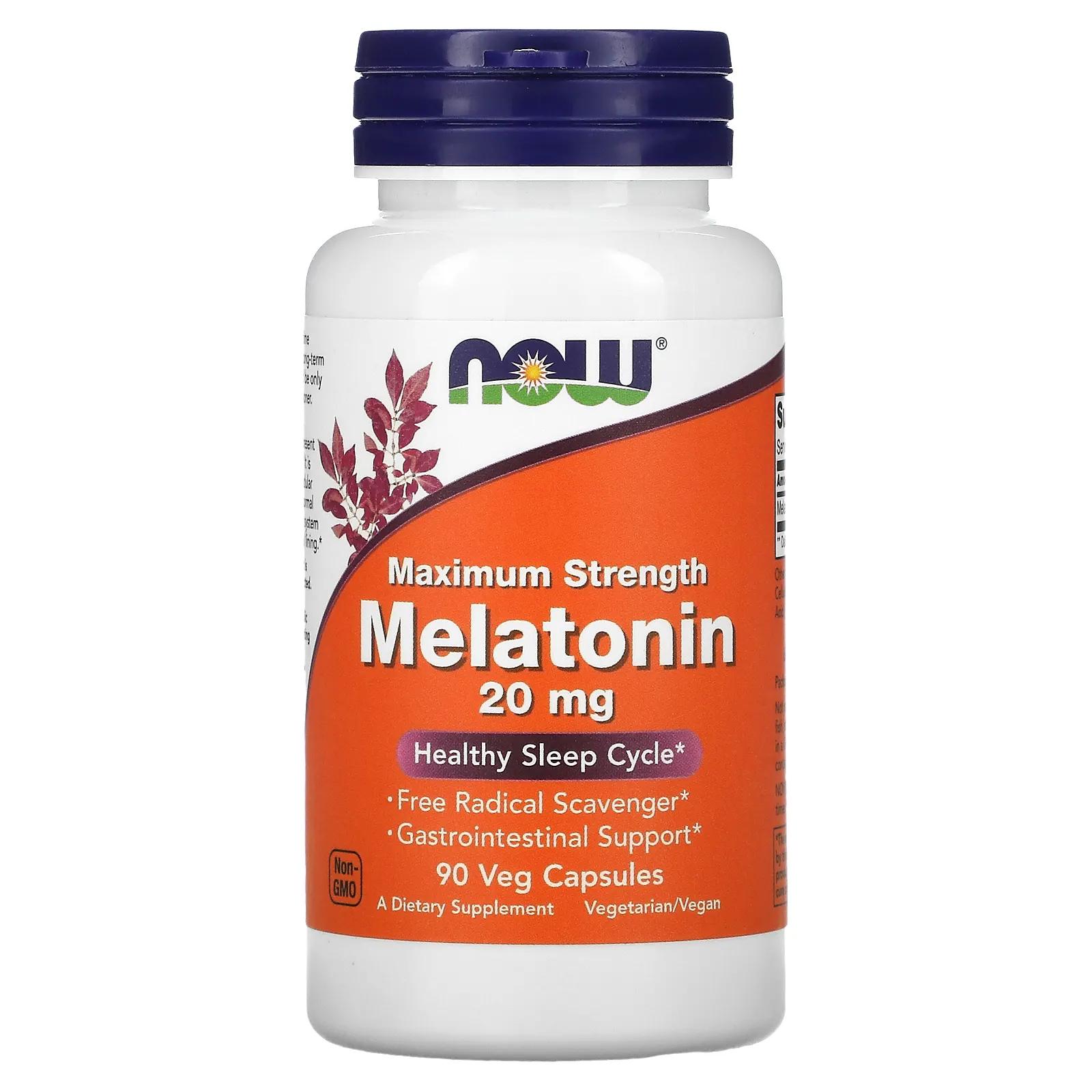 NOW Foods Мелатонин максимальной силы 20 мг 90 растительных капсул цена и фото