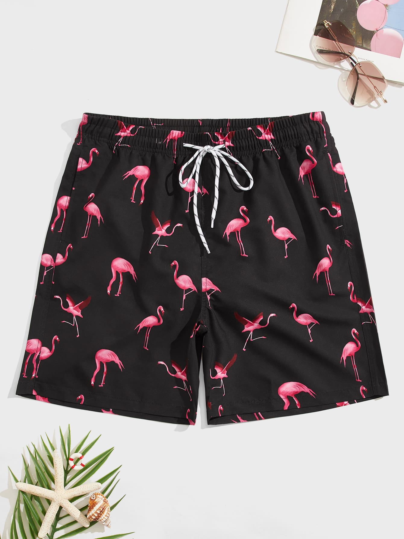 Мужские пляжные шорты Manfinity с принтом фламинго и завязками на талии, черный обложка на зачётную книжку flamingo