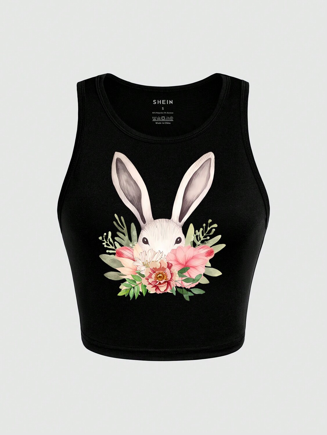

SHEIN Майка EZwear с мультяшным кроликом и цветочным принтом, черный цвет