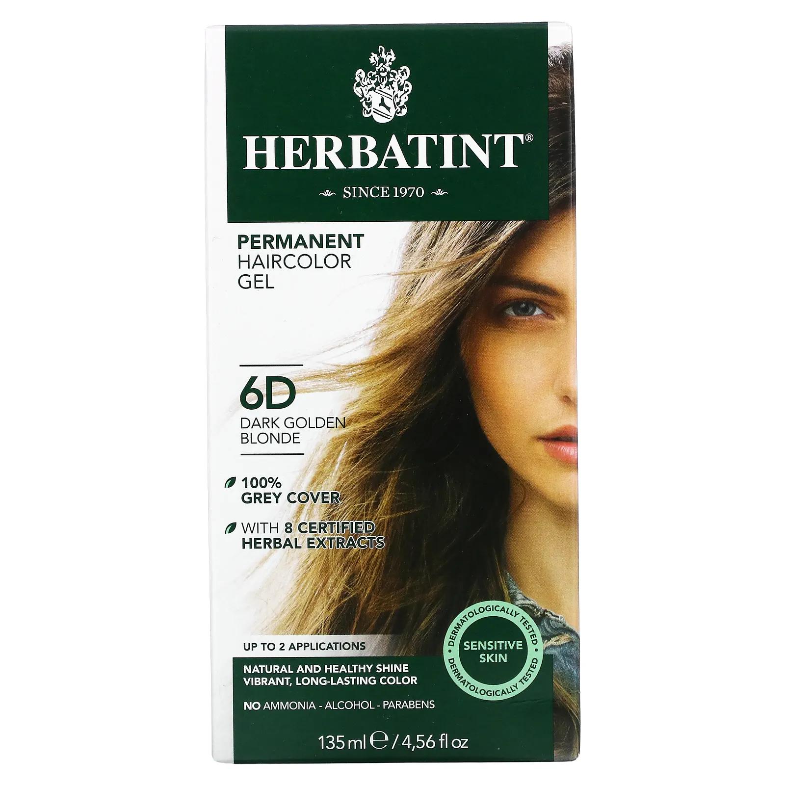 Herbatint Перманентная гель-краска для волос 6D темный золотой блондин 135 мл перманентная гель краска для волос herbatint 10c шведский блондин 4 56 жидких унций 135 мл