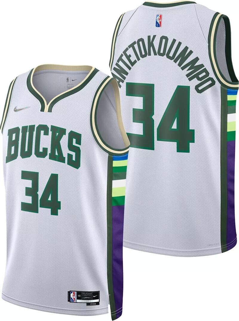 

Мужская белая майка Nike City Edition Milwaukee Bucks Giannis Antetokounmpo #34 2021-22 City Edition Swingman Dri-FIT