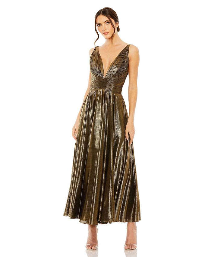 

Женское платье цвета металлик без рукавов с V-образным вырезом Ieena и плиссировкой Mac Duggal, золото, Желтый