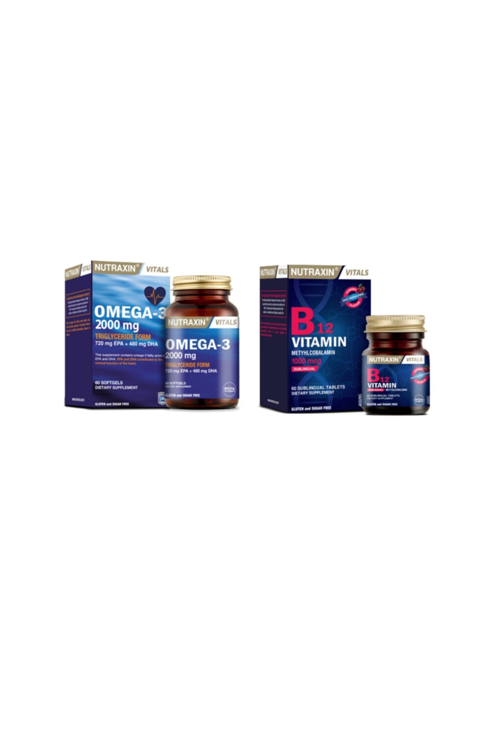 

Nutraxin Омега-3 рыбий жир 2000 мг 60 мягких капсул + витамин B12 1000 мкг 60 подъязычных таблеток