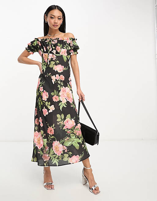 

Платье миди с открытыми плечами и завязками спереди ASOS DESIGN Milkmaid
