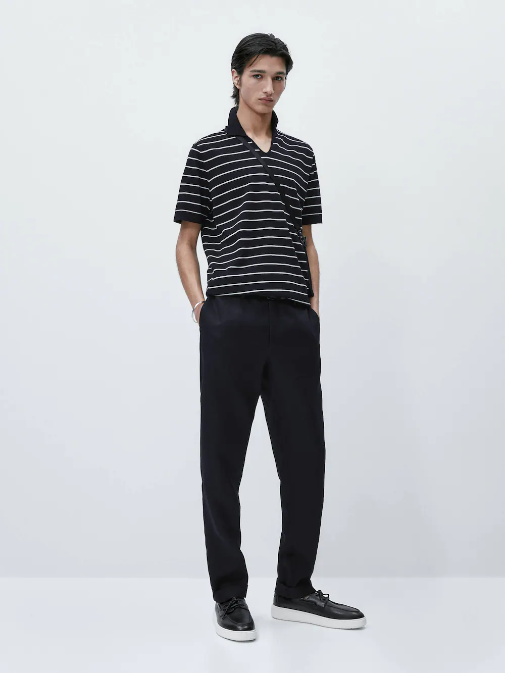 

Свитер поло с коротким рукавом в полоску Massimo Dutti, синий