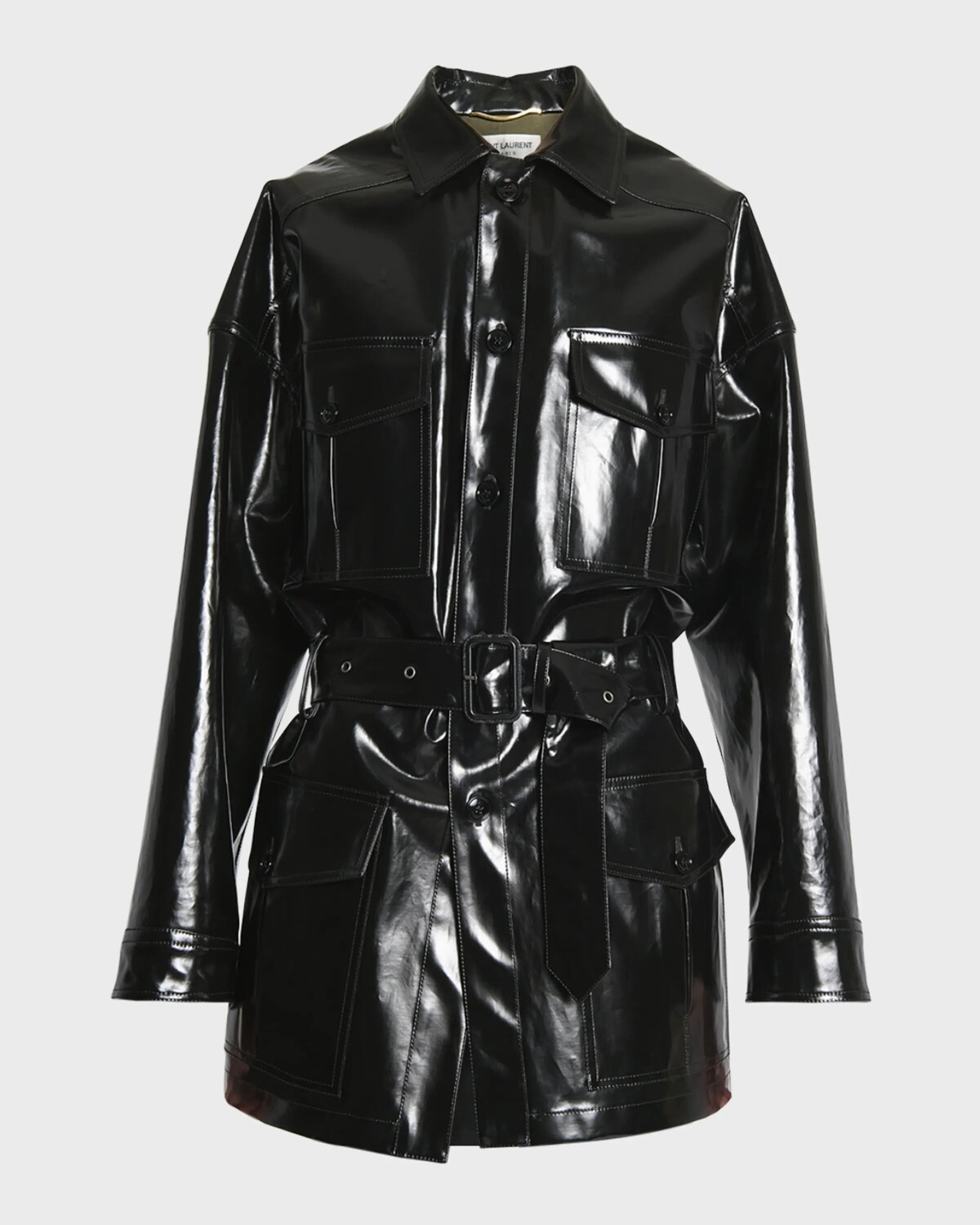 

Виниловое пальто с запахом и поясом Saint Laurent, цвет Natural Bl