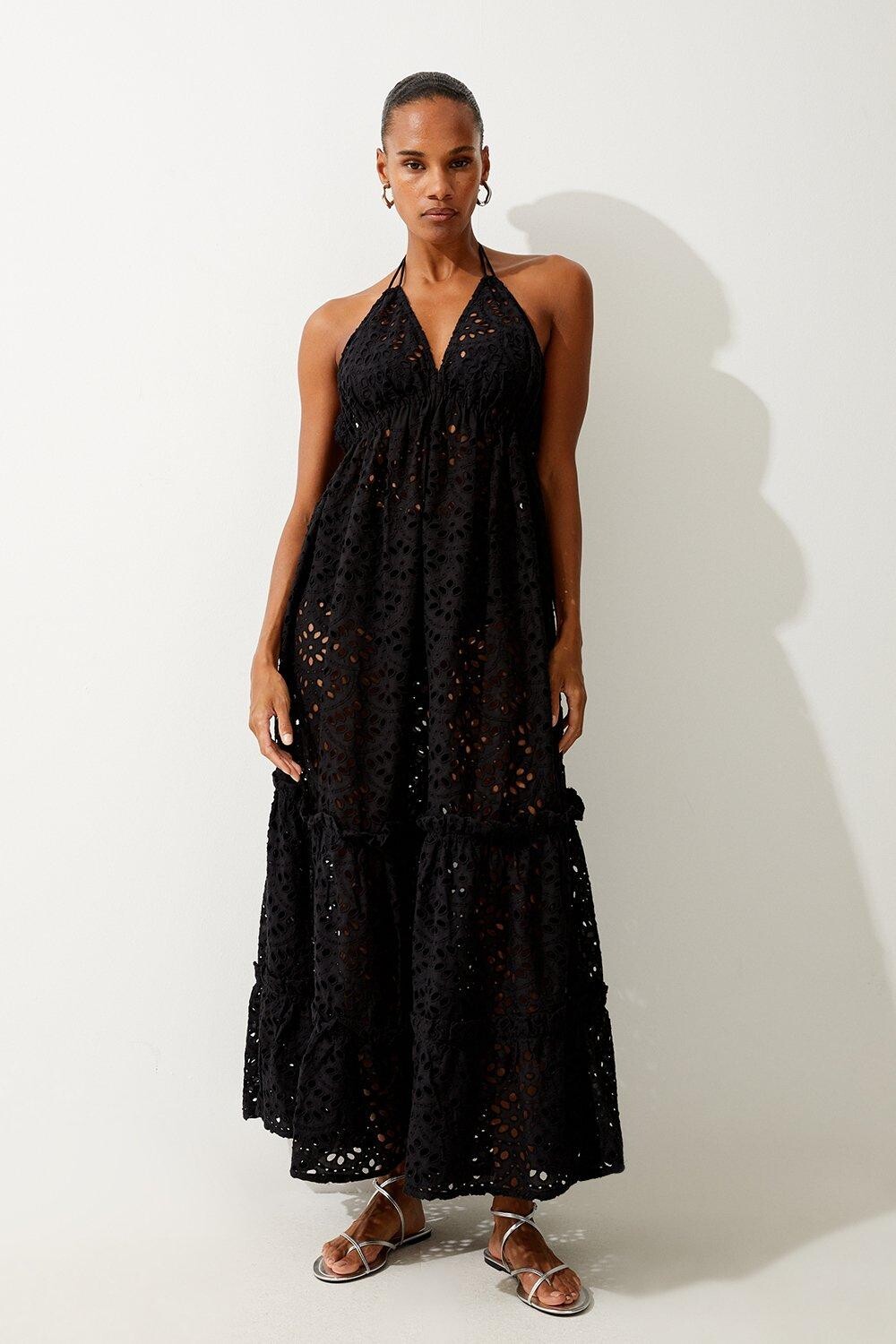 

Многоярусное пляжное платье макси с вышивкой бродери Karen Millen, черный
