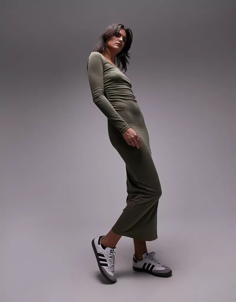 

Супермягкое платье миди цвета хаки с длинными рукавами Topshop