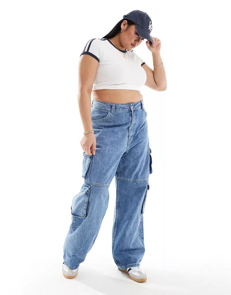 цена Мультимодульные джинсы-карго Dr Denim Plus Donna цвета неба в стиле ретро, ​​свободный крой, завышенная талия и прямые брючины