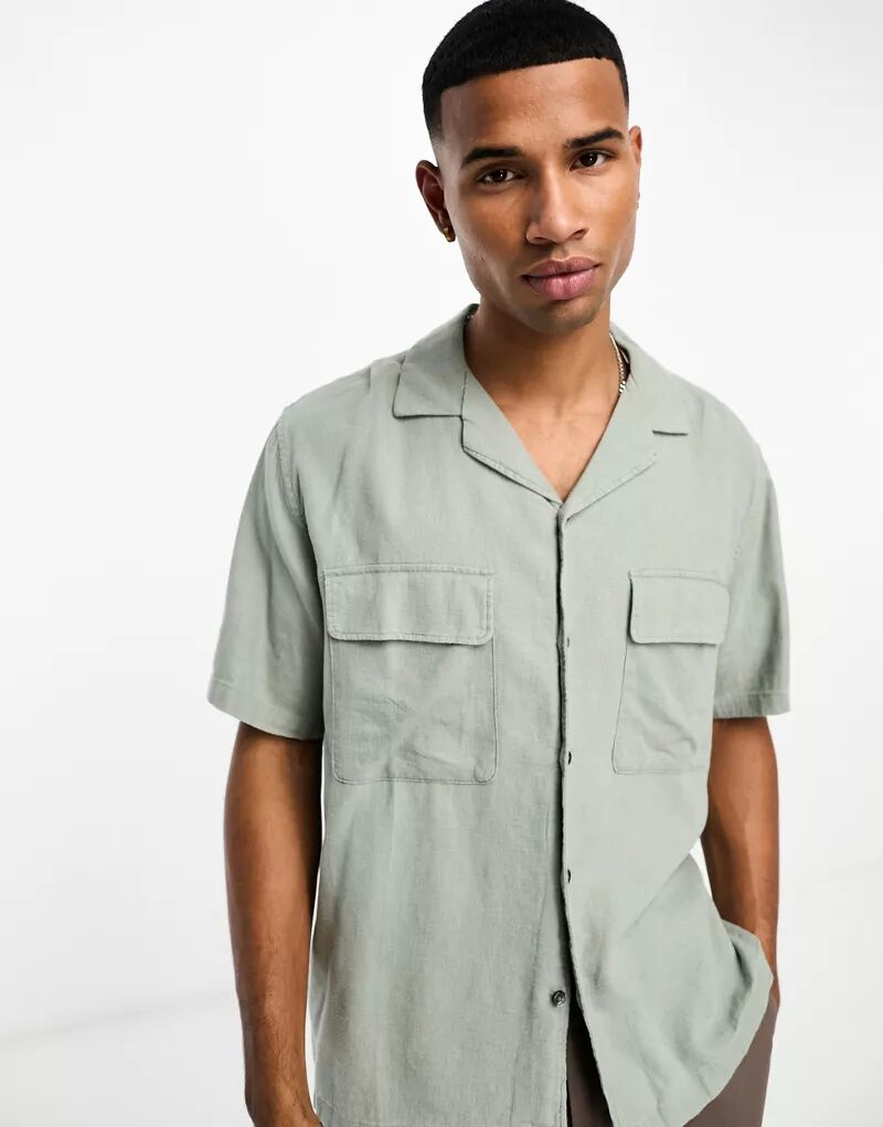 Зеленая льняная рубашка с короткими рукавами и воротником с лацканами Abercrombie & Fitch