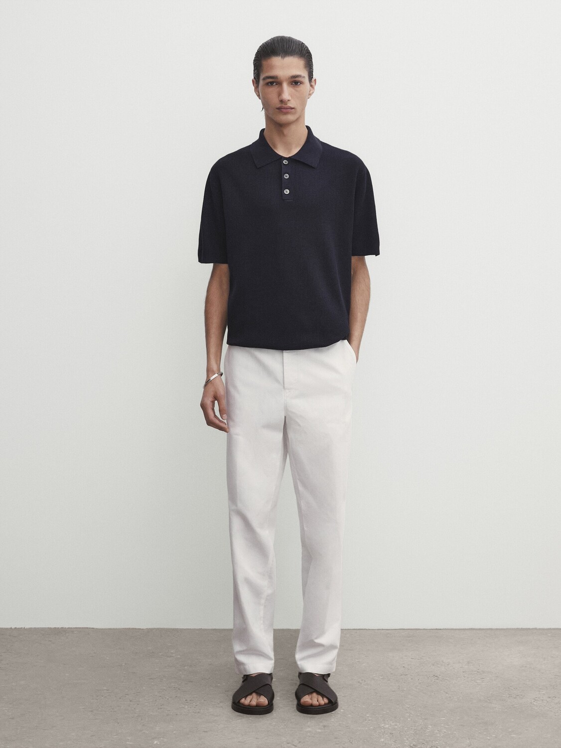 

Текстурированный свитер-поло с короткими рукавами Massimo Dutti, синий