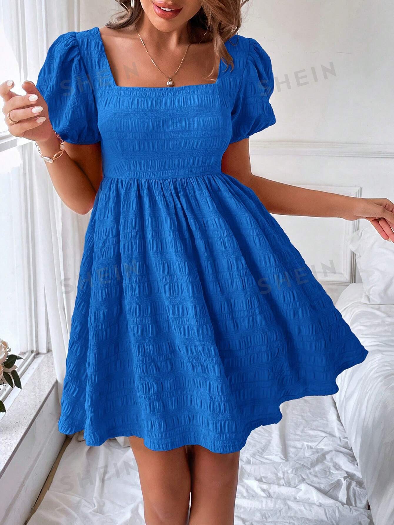 SHEIN VCAY Женское платье с квадратным вырезом и короткими пышными рукавами, королевский синий