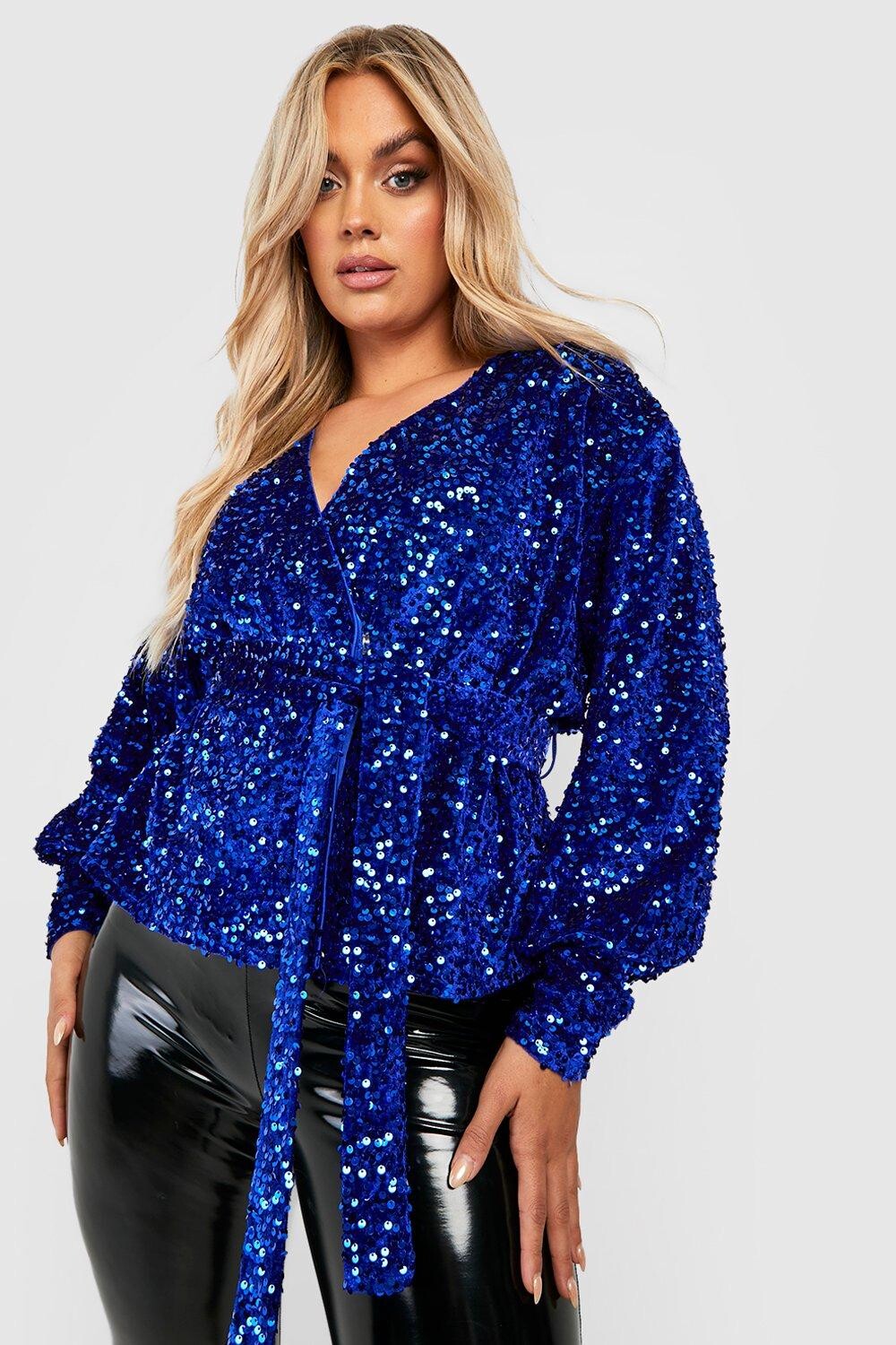 

Бархатный топ с пайетками plus Boohoo, кобальтовый