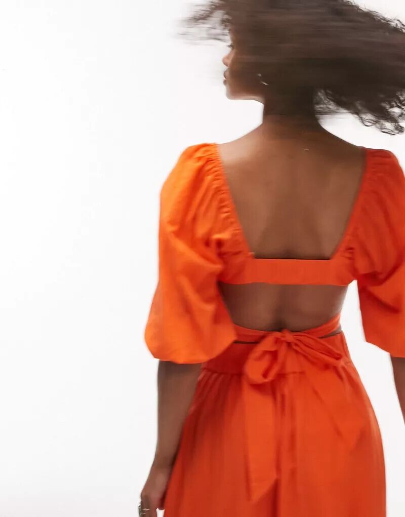 

Оранжевый льняной топ с объемными рукавами Topshop