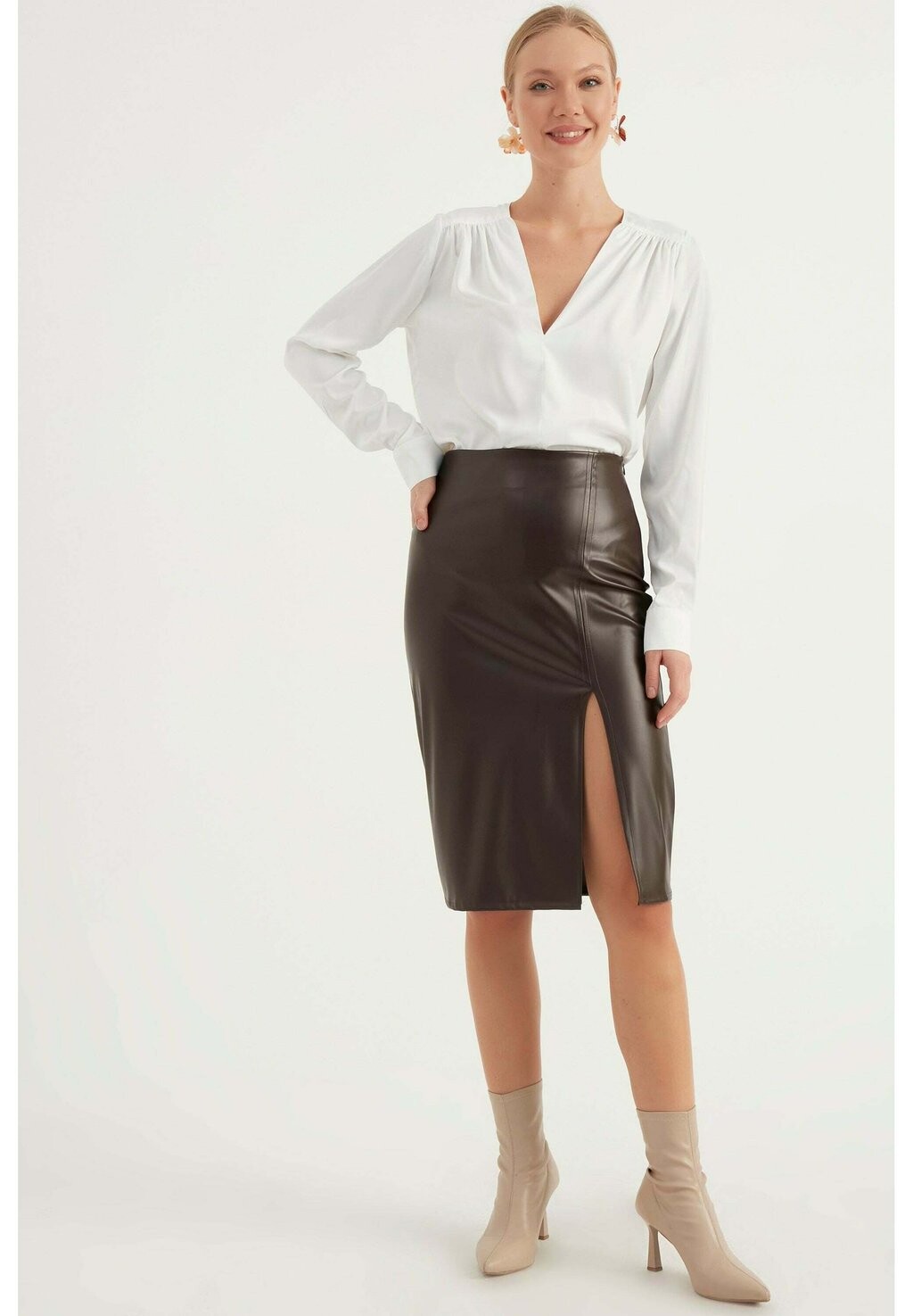 

Юбка-карандаш SLIT FAUX LEATHER SKIRT Herita, цвет brown