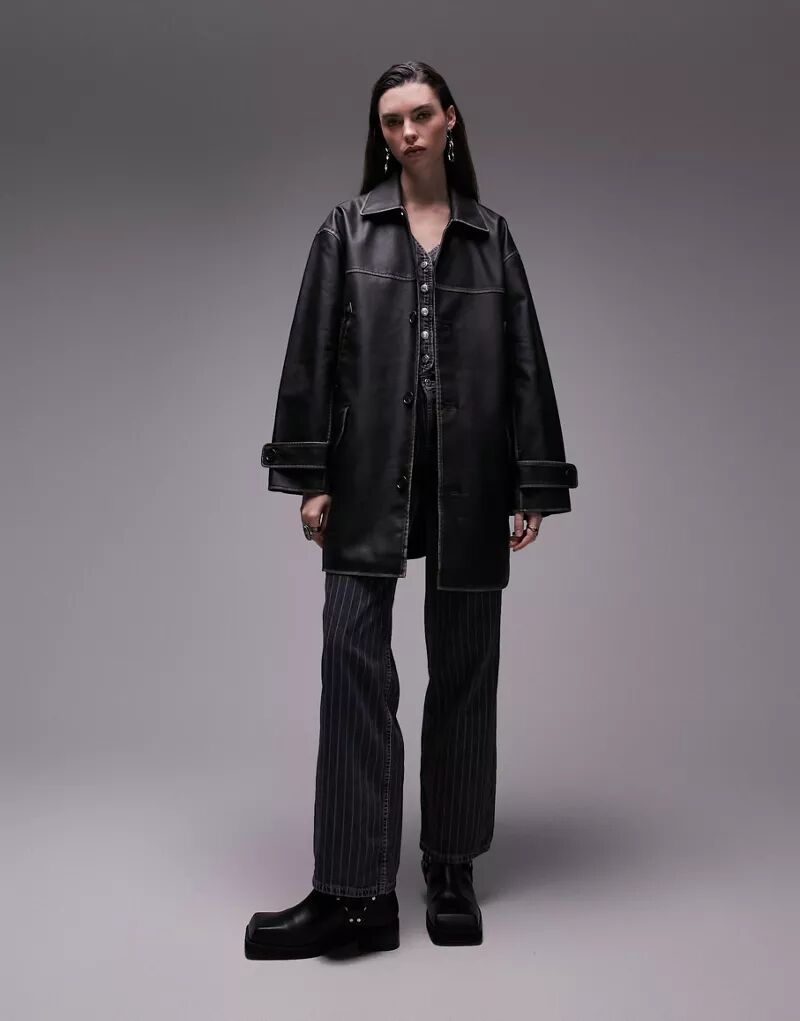 Черное пальто средней длины из искусственной кожи Topshop