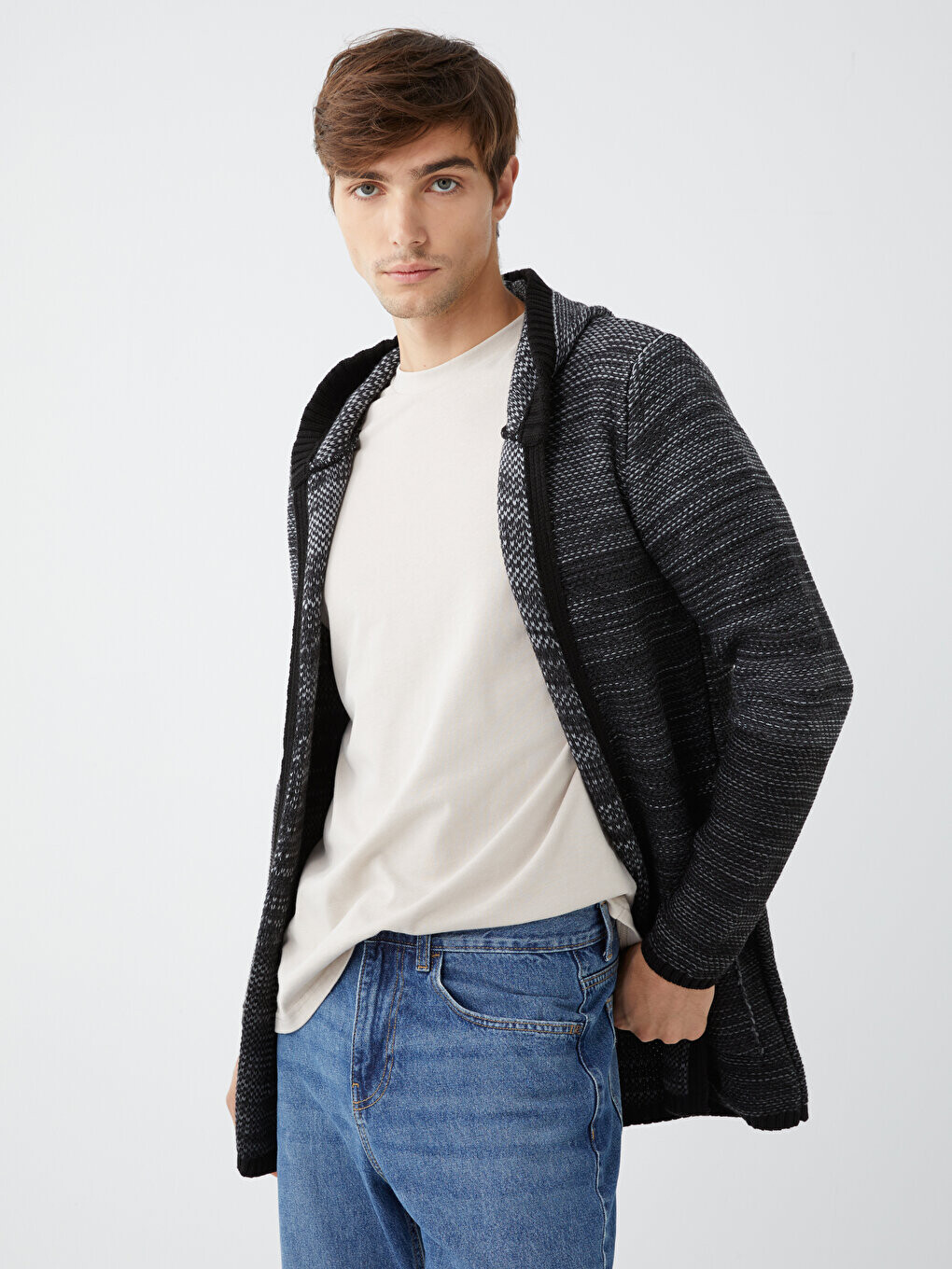 

Мужской трикотажный кардиган с капюшоном и длинными рукавами LCW Casual, новый черный