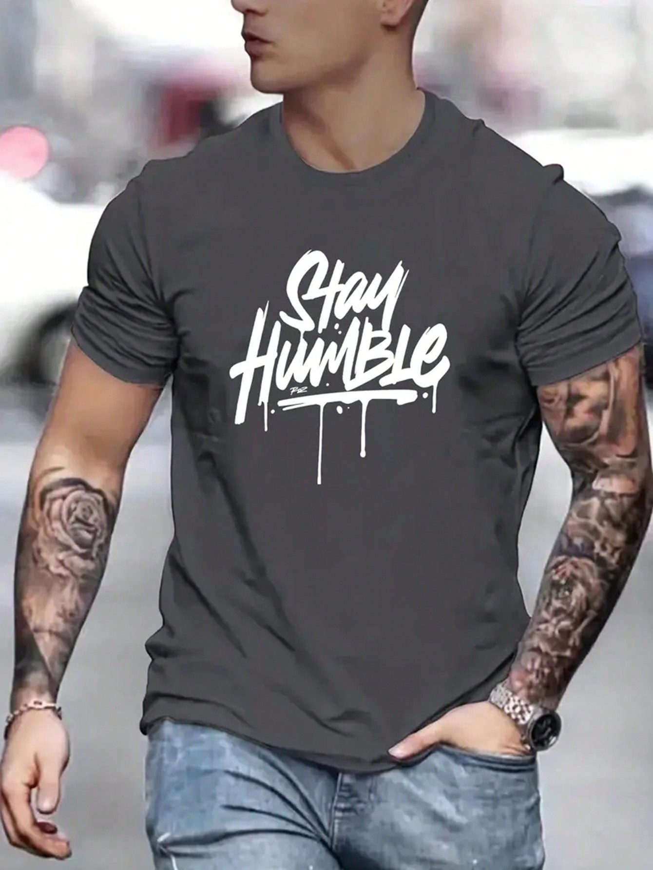 Мужская футболка с коротким рукавом с принтом букв, темно-серый