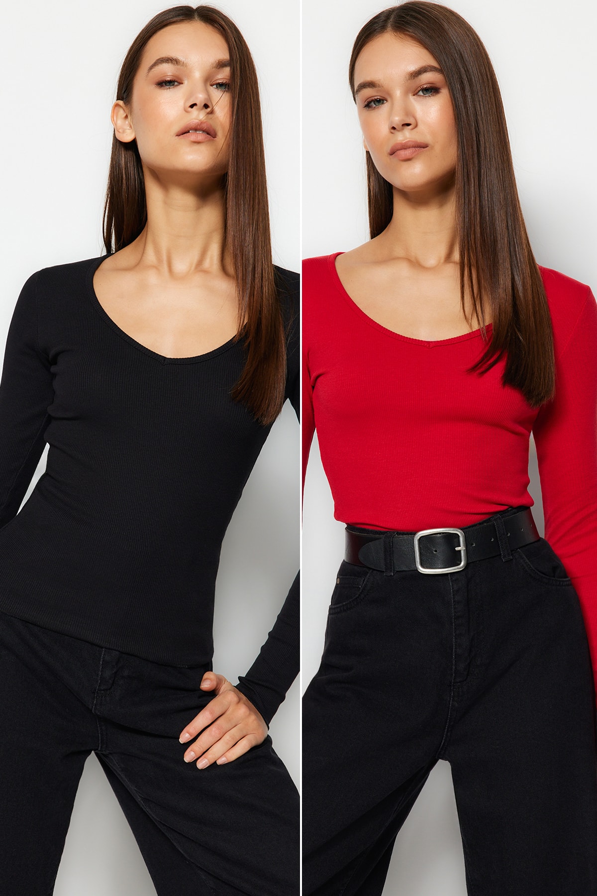 цена Блузка Trendyol с v-образным вырезом облегающего кроя комплект из 2 шт, черный/красный
