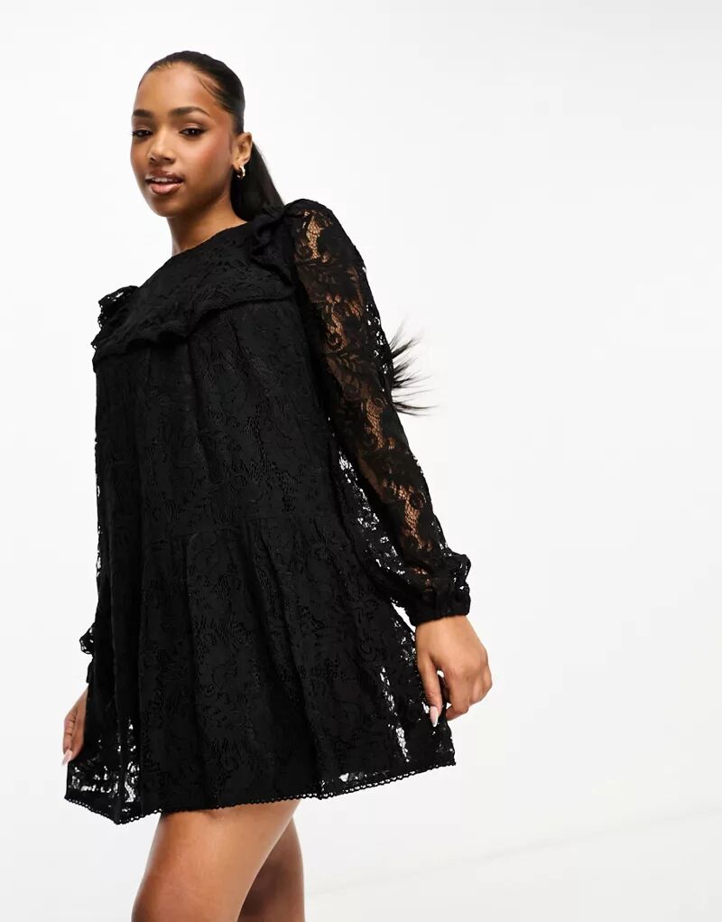 свободное черное платье с кружевом натали 10269 черный размер 54 Черное свободное платье Miss Selfridge с кружевом и рюшами