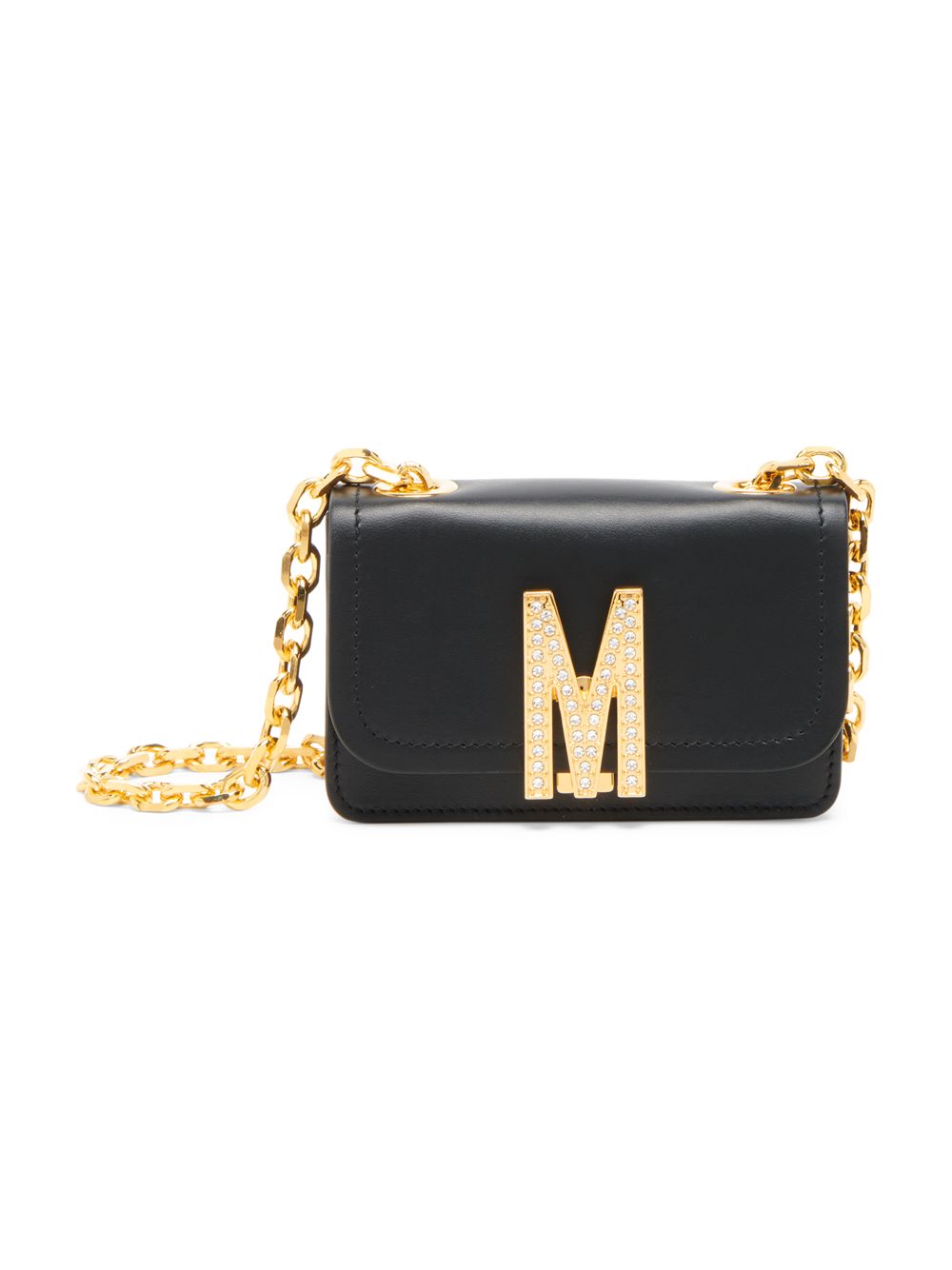 цена Кожаная сумка через плечо с логотипом M, украшенная кристаллами Moschino, черный