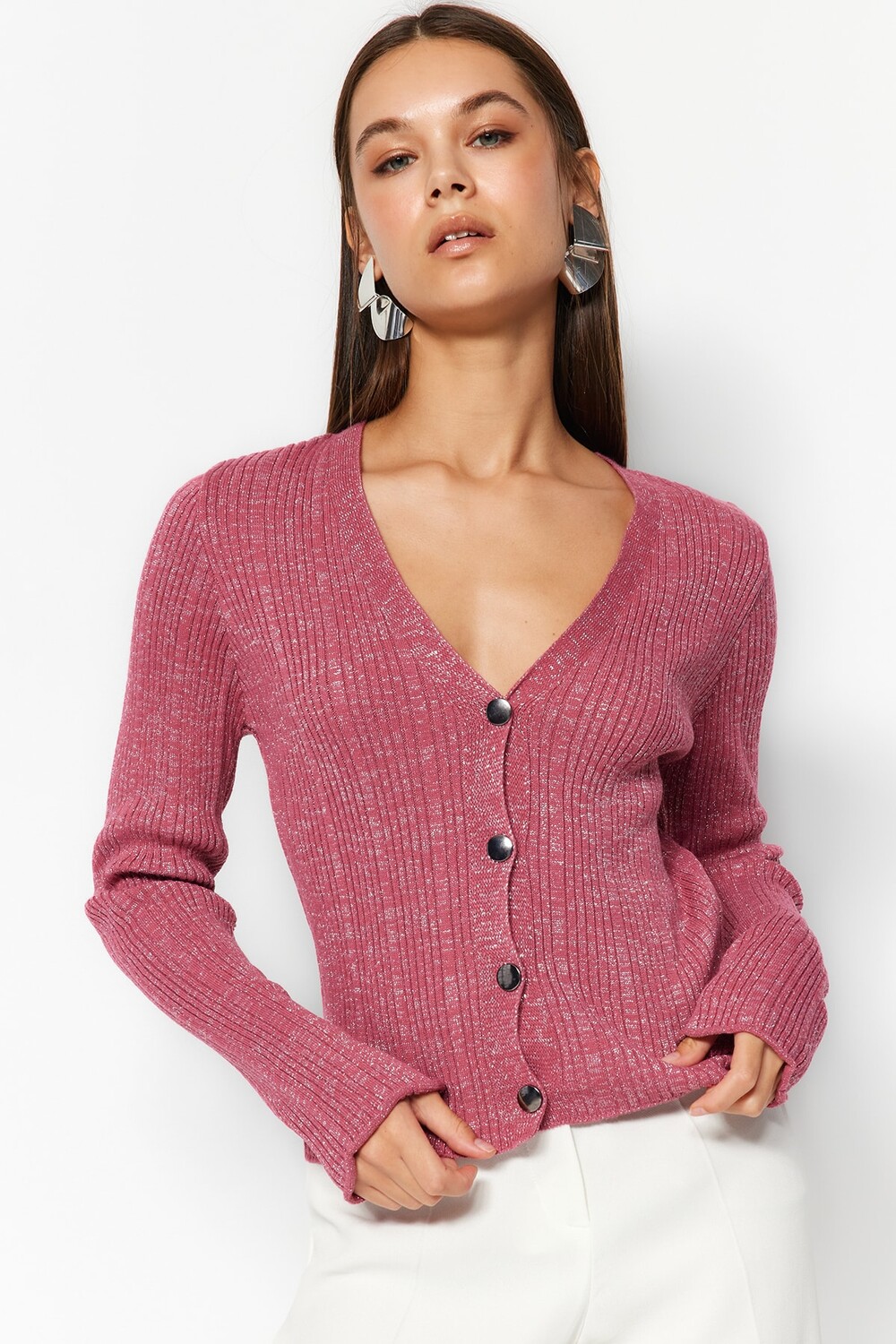 

Кардиган Trendyol Dusty Rose с блестками и V-образным вырезом