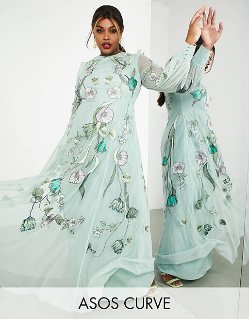 

Зеленое платье макси с цветочной вышивкой ASOS EDITION Curve
