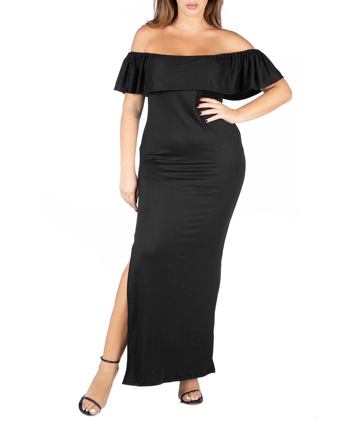Платье макси с открытыми плечами и оборками больших размеров 24seven Comfort Apparel, черный