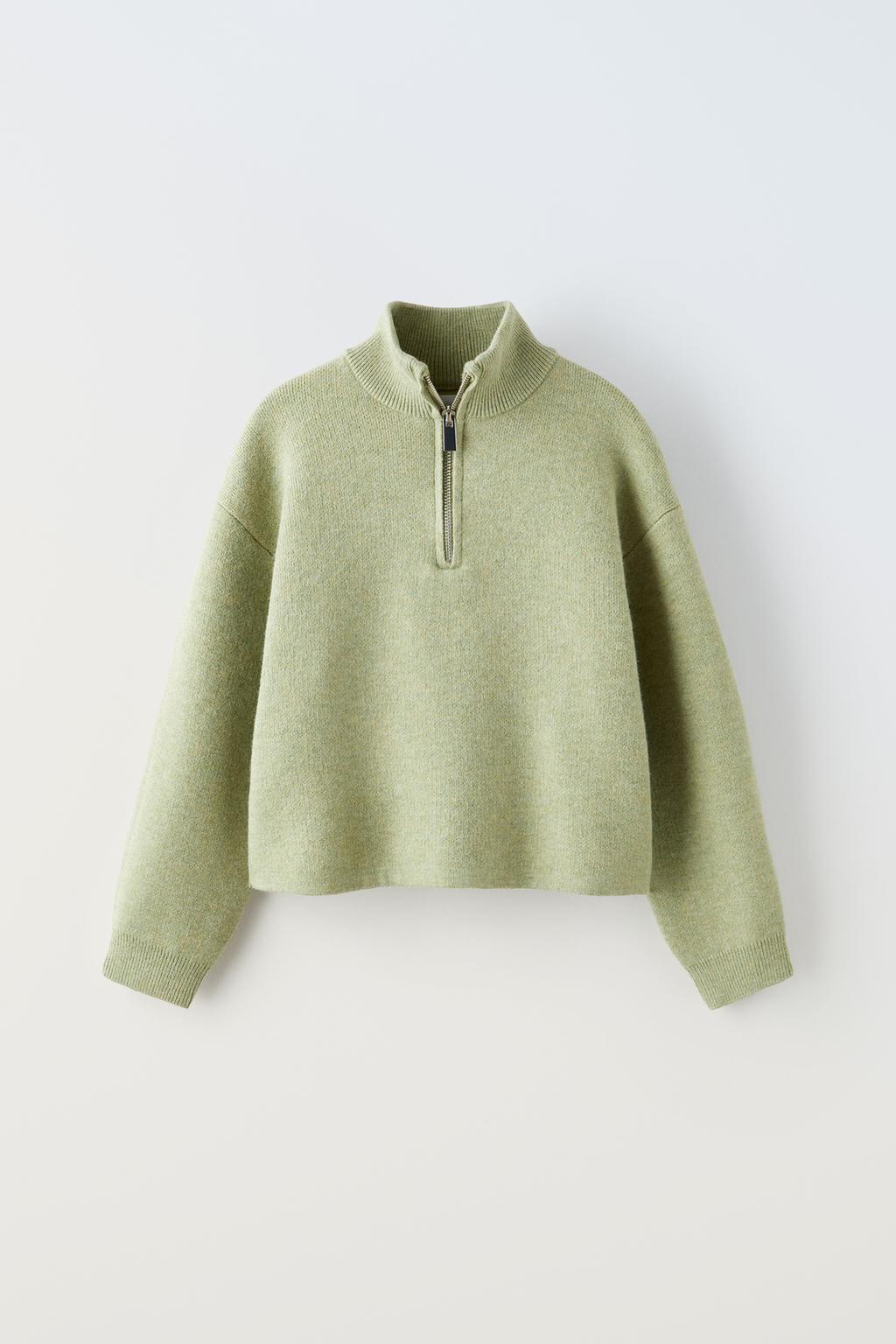Трикотажный свитер на молнии по четвертям ZARA, светло-зеленый