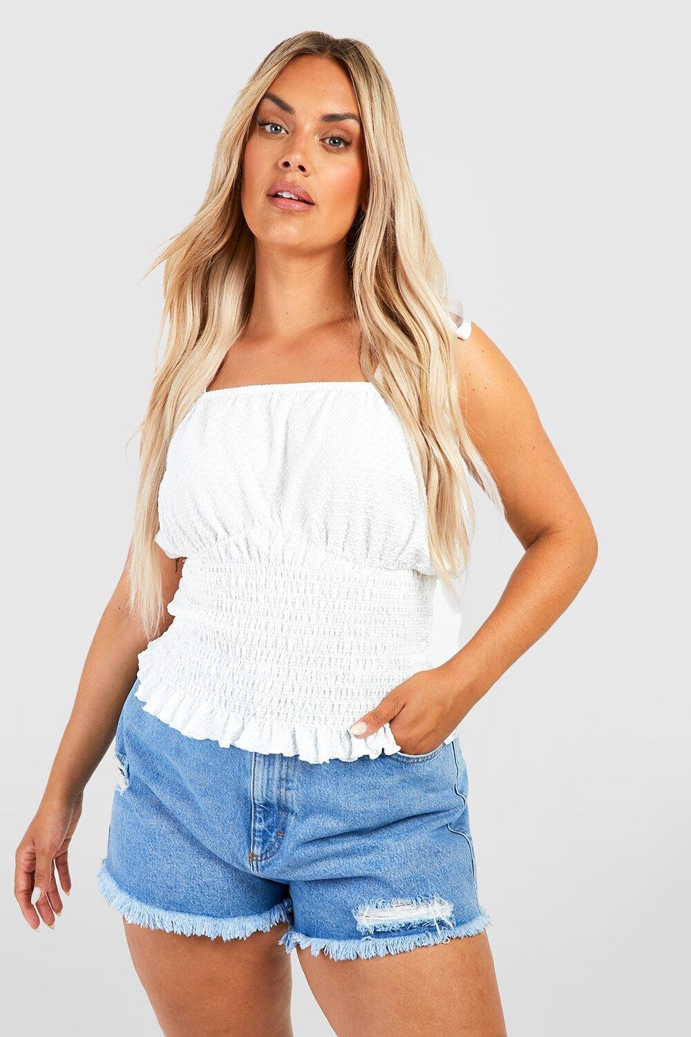

Топ с текстурным завязком и гофрами на плечах Boohoo, белый