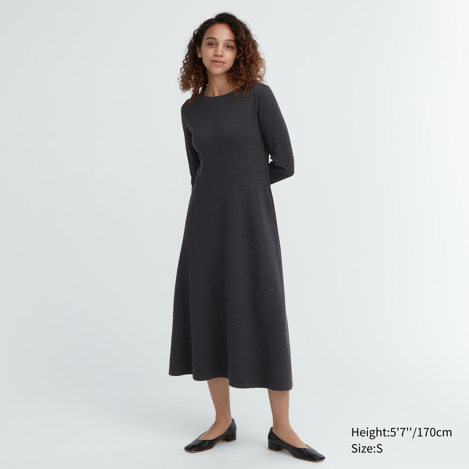 

Расклешенное платье вязки Ponte с длинными рукавами Uniqlo, темно-серый