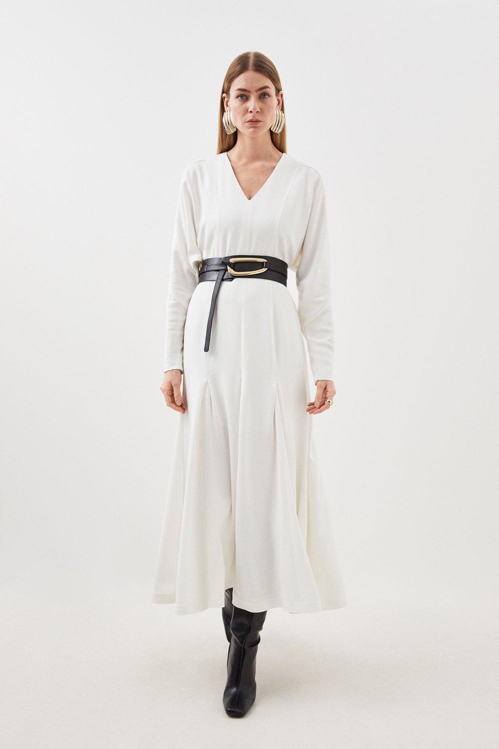 Платье миди из вискозного крепа премиум-класса с V-образным вырезом и длинными рукавами Karen Millen, белый