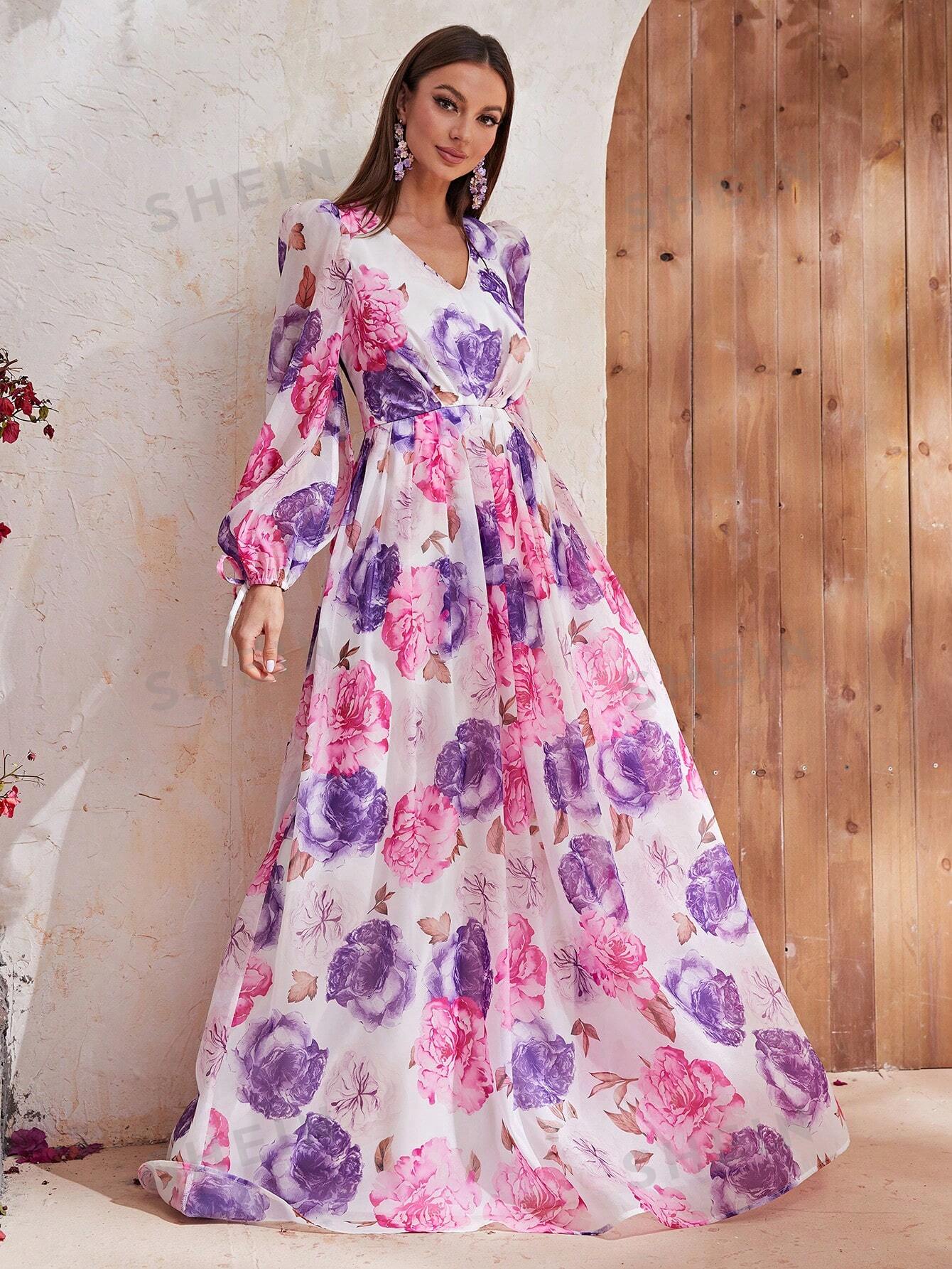 Giffniseti Женское платье с v-образным вырезом и поясом, многоцветный фотографии