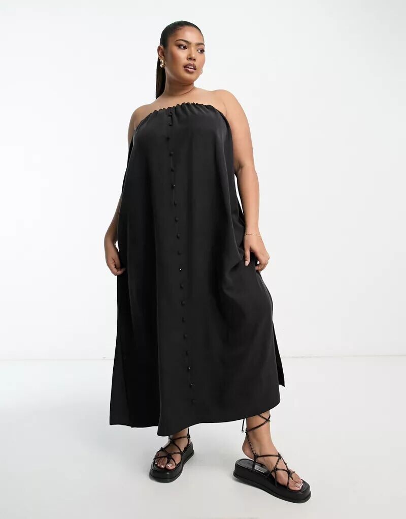 

Черное присборенное платье миди на пуговицах ASOS DESIGN Curve для универсальности