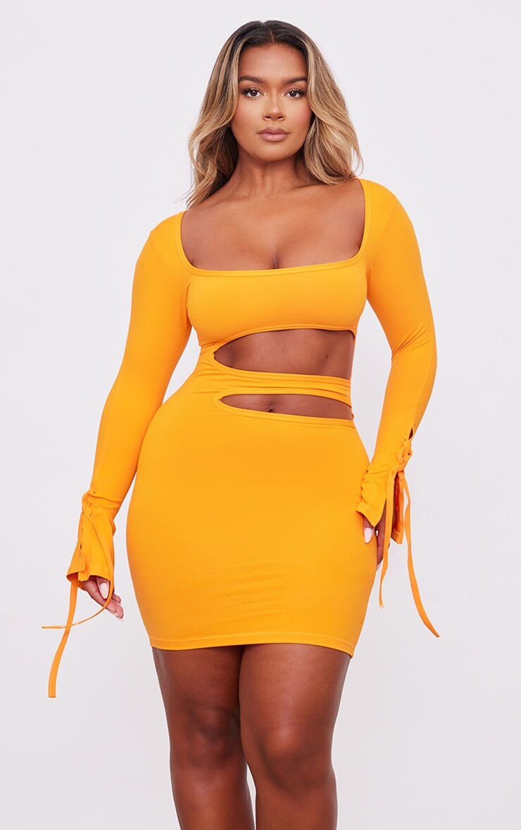

PrettyLittleThing Оранжевое мягкое бесшовное мини-платье с квадратным вырезом и вырезом, Оранжевый