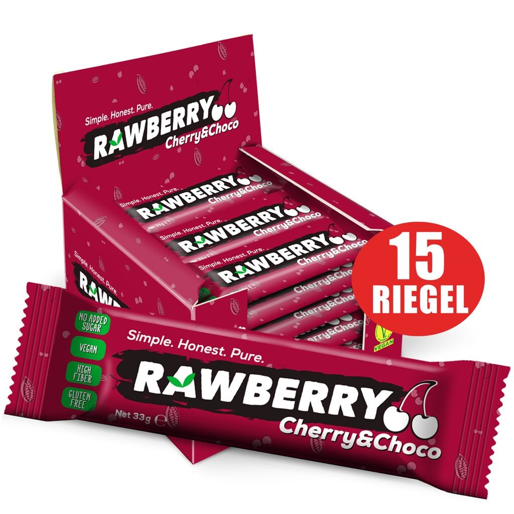 

RAWBERRY с вишней и шоколадом, без добавления сахара, без глютена, ореховые батончики, веганские закуски (15 x 33 г)